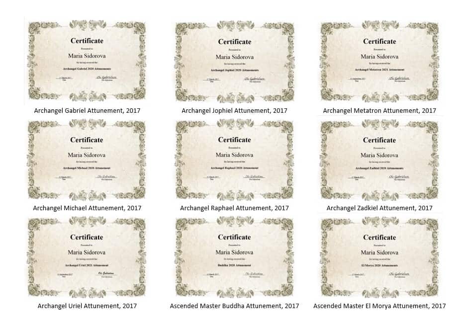 Videiya Ra’s (Maria Sidorova) diplomas and certificates